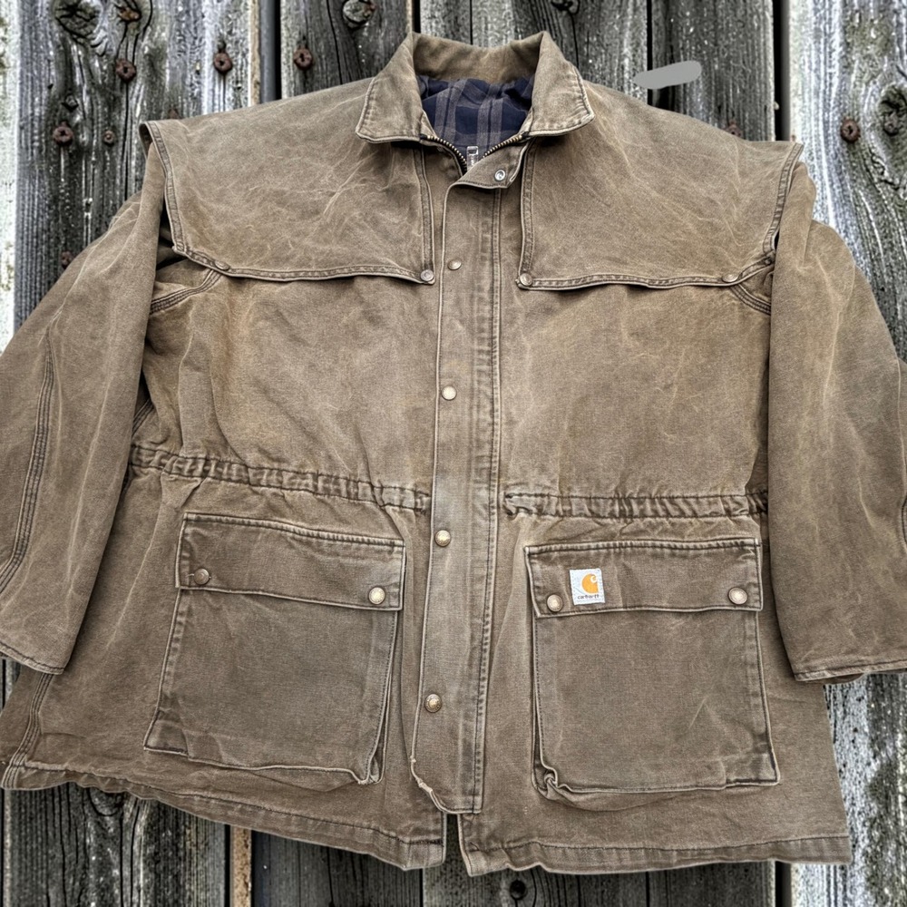 Vtg 90s Carhartt Canvas Duster Jacket Mens 2XL Olive Green Flannel Lined USA